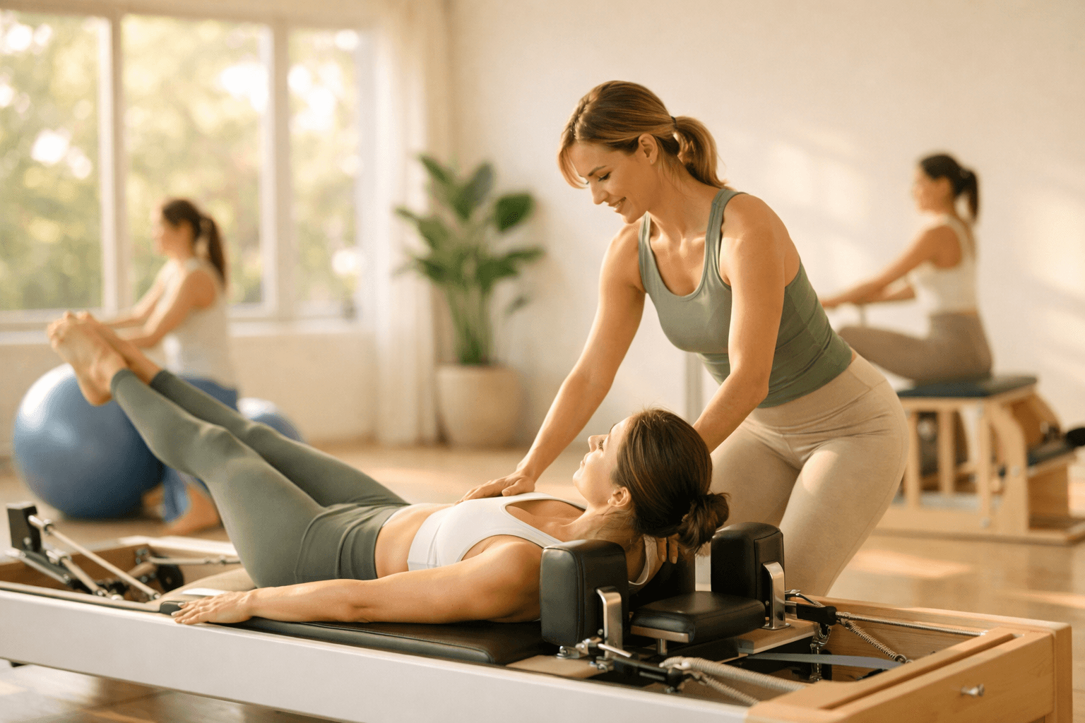 Professora ajudando aluno em uma aula de Pilates